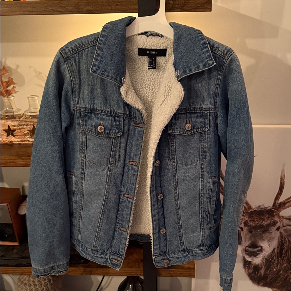 Forever 21 Blue Denim Jacket with White Fleece